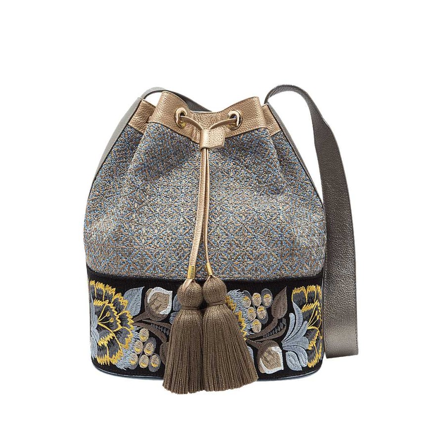 Handbags Bon-Bonite | Hydrangea Blue Leather And Textile Bucket Bag By Gold