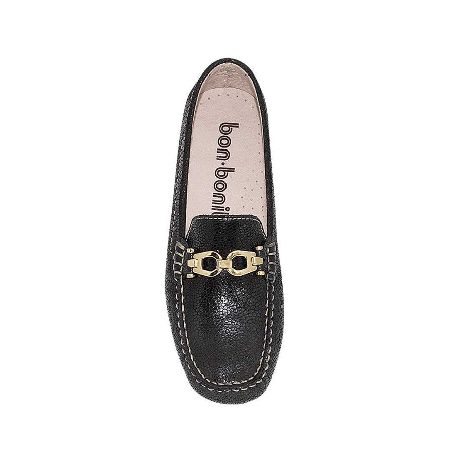 Shoes Bon-Bonite | Black Panther Leather Moccasin With Buckle