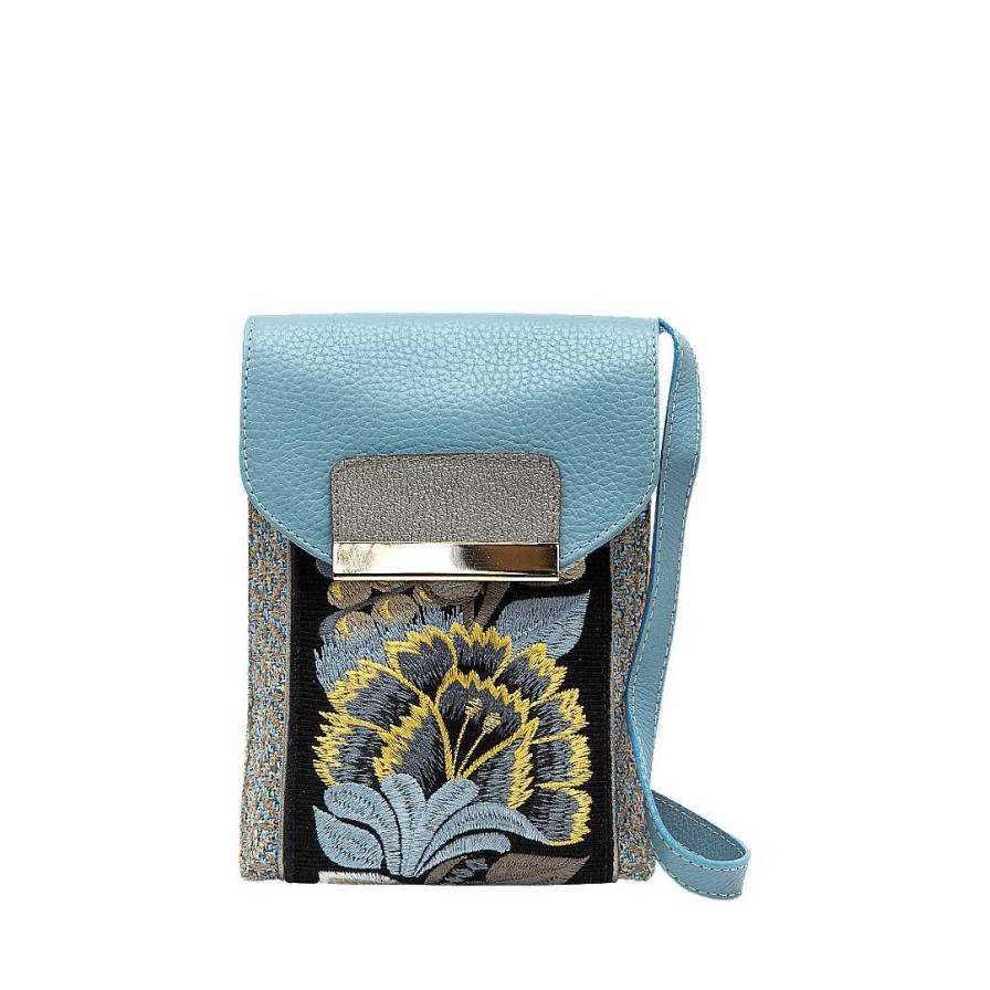 Handbags Bon-Bonite | Hands Free In Leather And Textile Embroidered In Hydrangea Blue By Gold