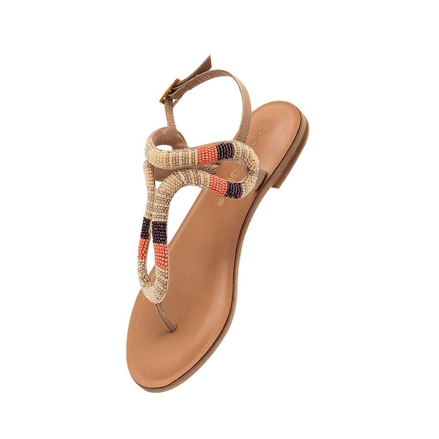 Shoes Bon-Bonite | Three Stitch Sandal In Capuccino Color Leather With Beads