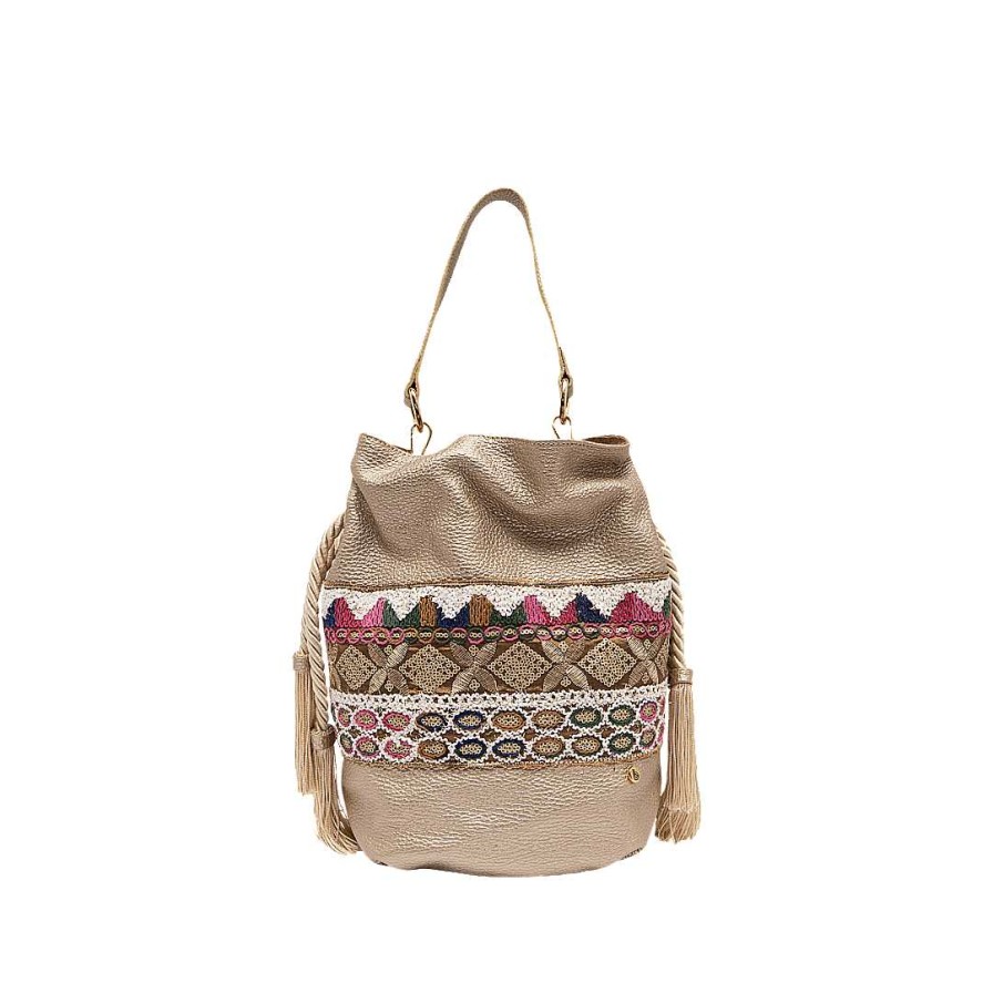 Handbags Bon-Bonite | Sand Metal Color Leather Bucket Bag