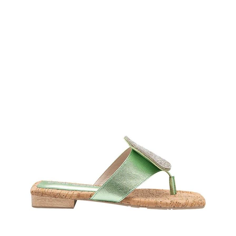 Shoes Bon-Bonite | Metal Green Leather Three Stitch Sandal