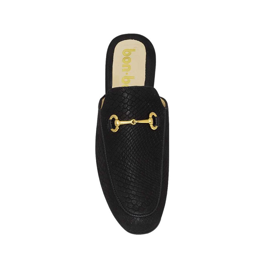 Shoes Bon-Bonite | Black Onyx Clog In Folia Engraved Leather