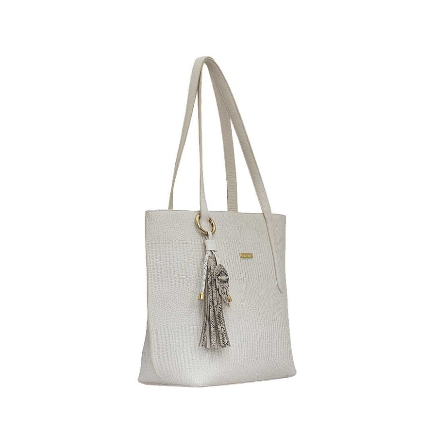 Handbags Bon-Bonite | Cream White Leather Tote Bag Style Handbag