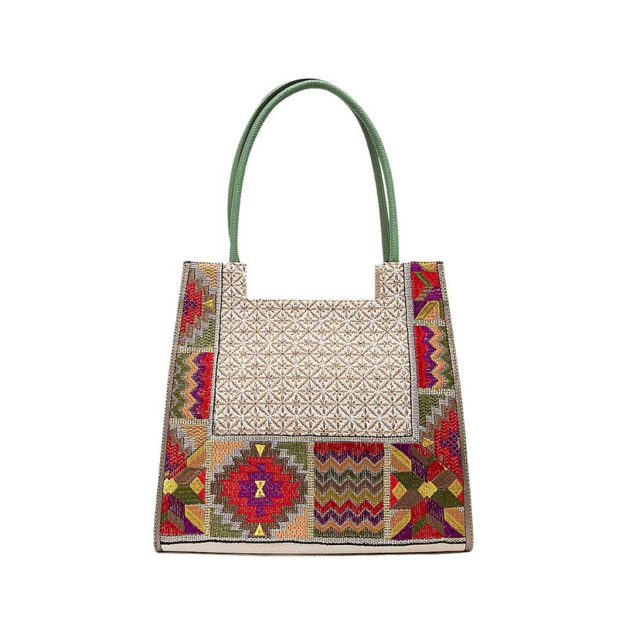 Handbags Bon-Bonite | Wallet In Leather And Textile Embroidered Sabila Green By Gold