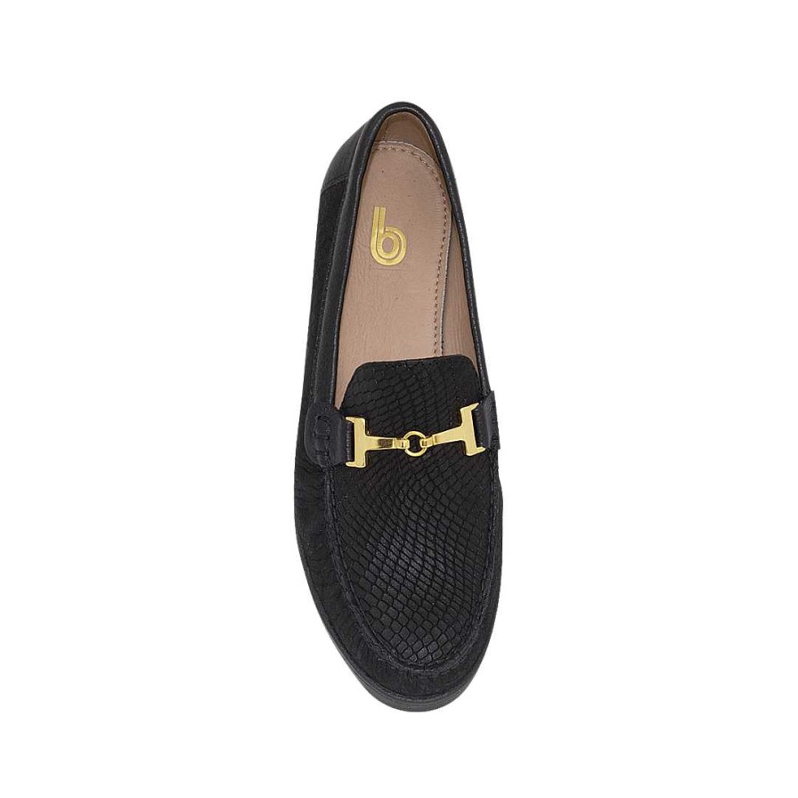 Shoes Bon-Bonite | Black Onyx Moccasin In Engraved Leather