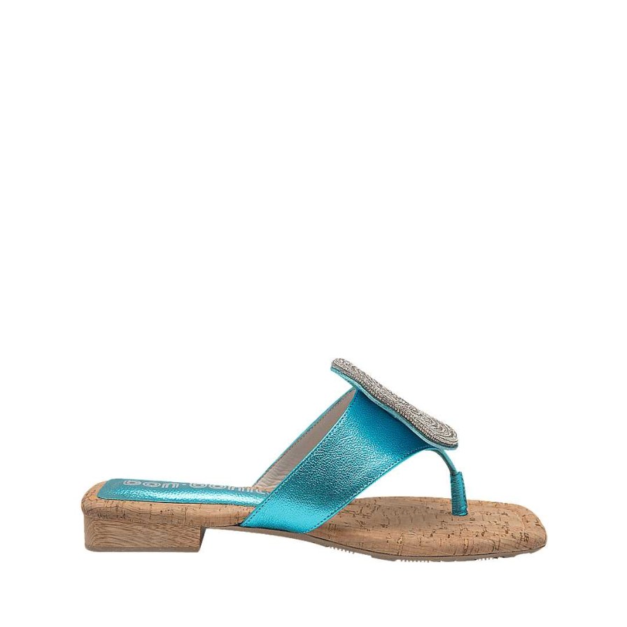 Shoes Bon-Bonite | Turquoise Blue Leather Three Stitch Sandal