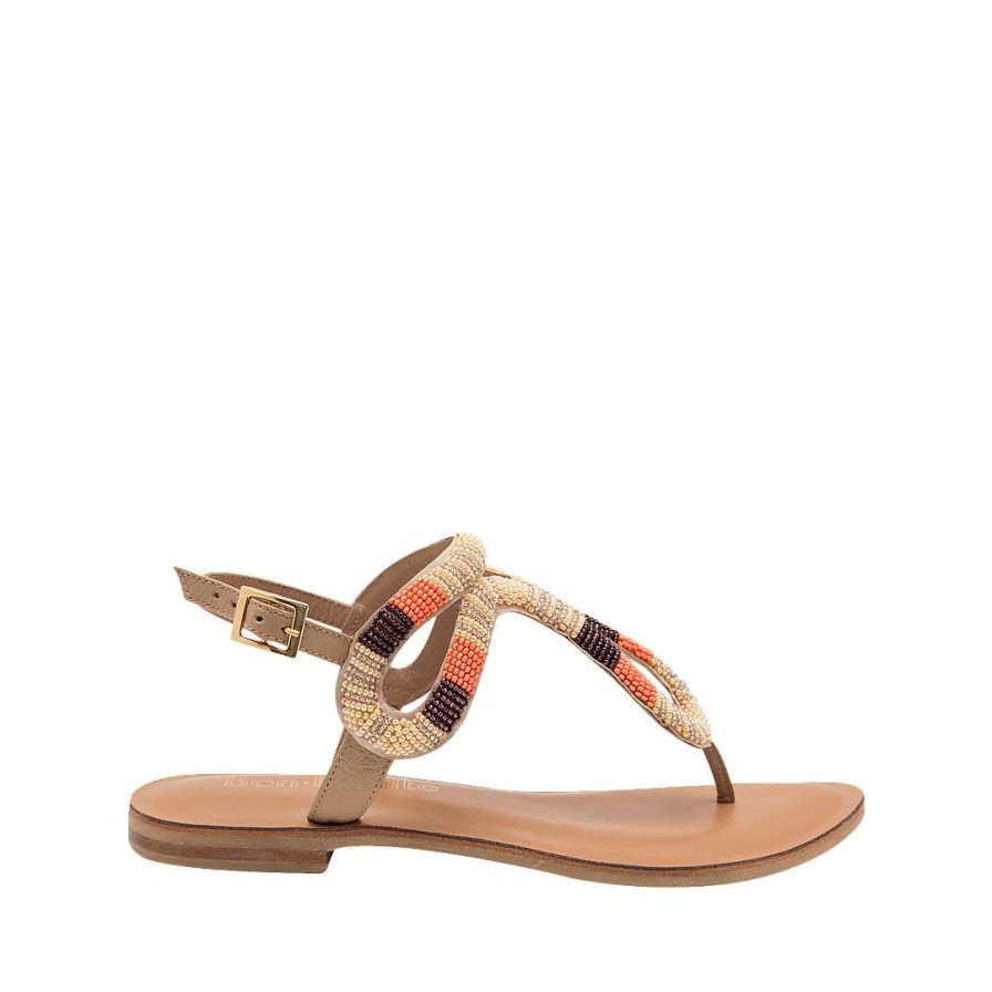 Shoes Bon-Bonite | Three Stitch Sandal In Capuccino Color Leather With Beads