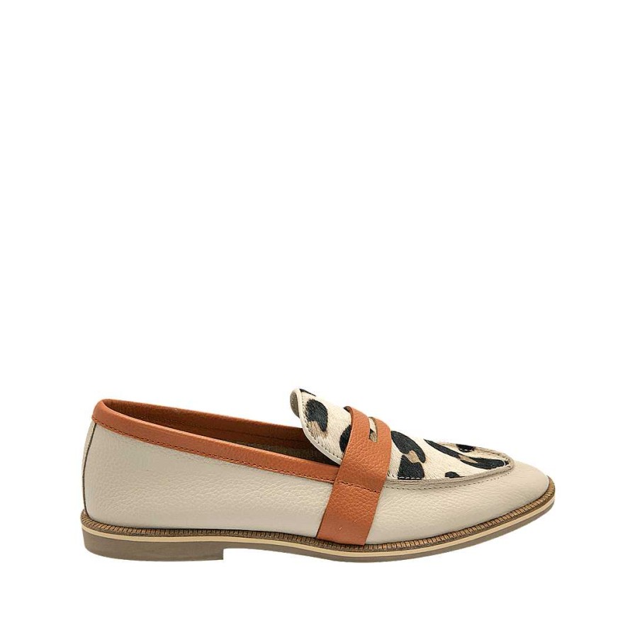 Shoes Bon-Bonite | Talc Leather Moccasin By Sandal And Animal Print