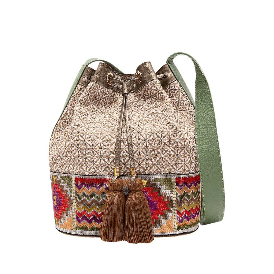 Handbags Bon-Bonite | Sabila Green Leather And Textile Bucket Bag By Gold