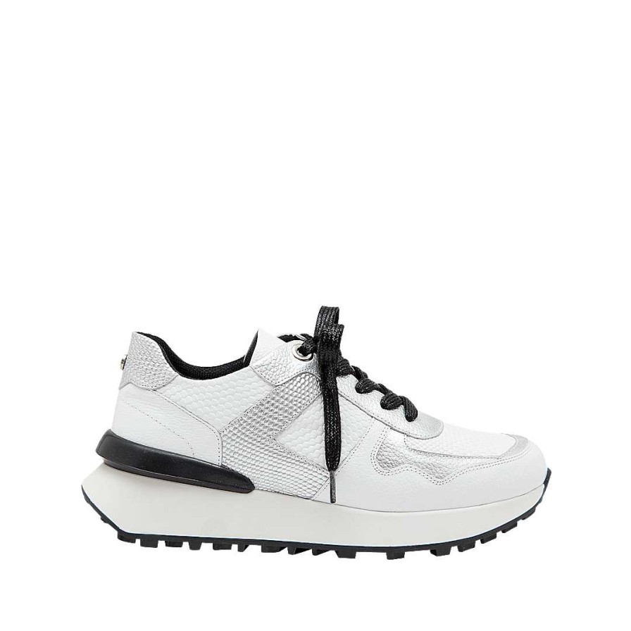 Shoes Bon-Bonite | Pure White And Silver Gray Leather Tennis Shoes