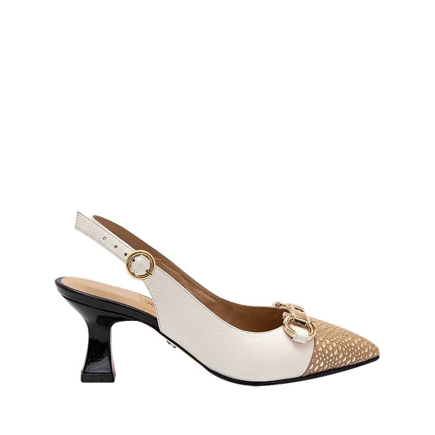 Shoes Bon-Bonite | Cream White Leather Heel By Capuccino And Black Onyx