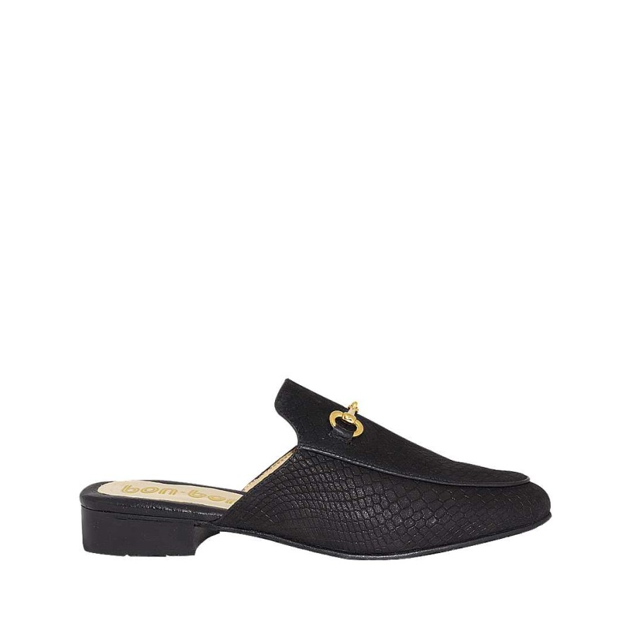 Shoes Bon-Bonite | Black Onyx Clog In Folia Engraved Leather